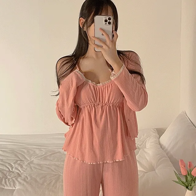 [🚀당일배송] 캡내장 3피스 민소매 가디건 간절기 잠옷 세트 (16color)