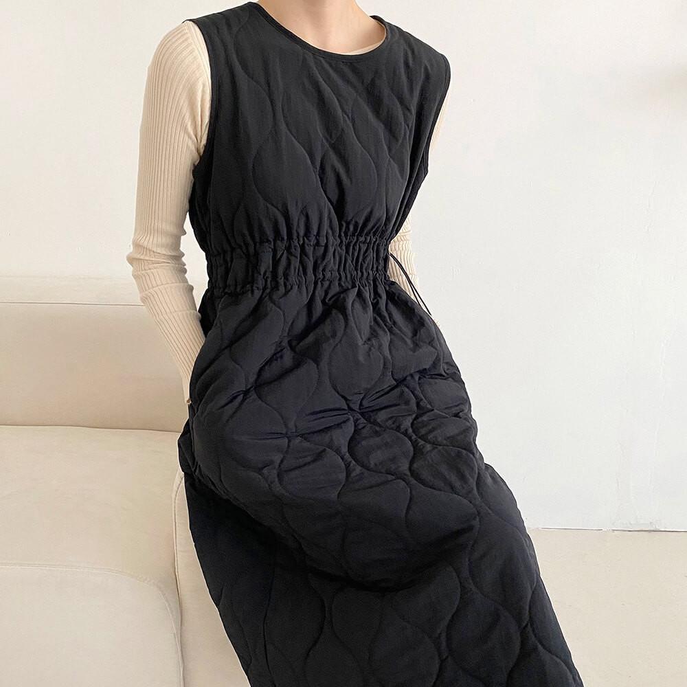 누빔 퀼팅 원피스 겨울 조끼 패딩 원피스 허리스트링 롱원피스