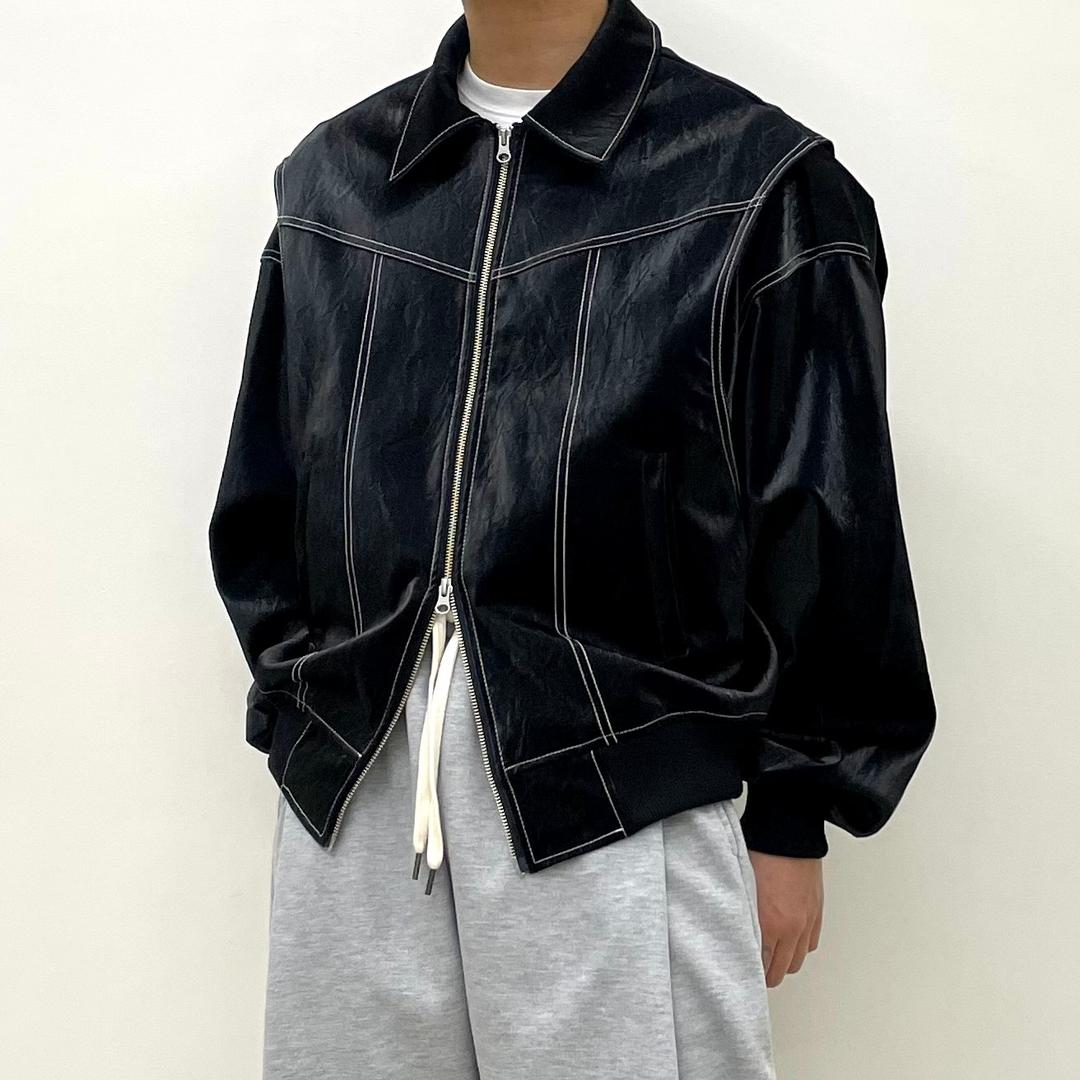 남녀공용 봄 가을 오버핏 절개 스티치 카라 투웨이지퍼 집업 레더 자켓 6color