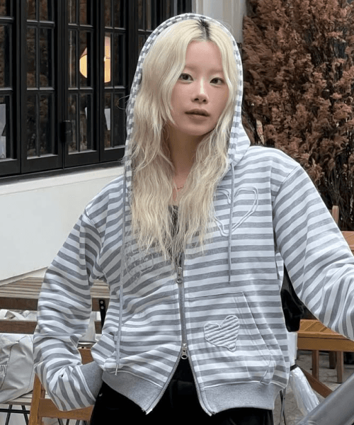 Heart Drawing Stripe Hood Zip Up Gray White
