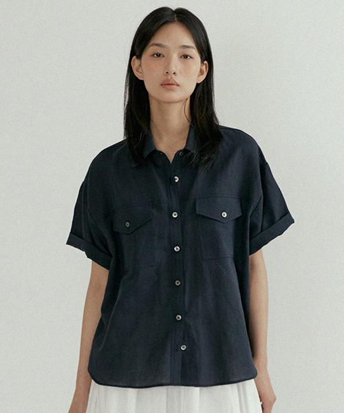 linen bamboo blended pocket blouse-navy