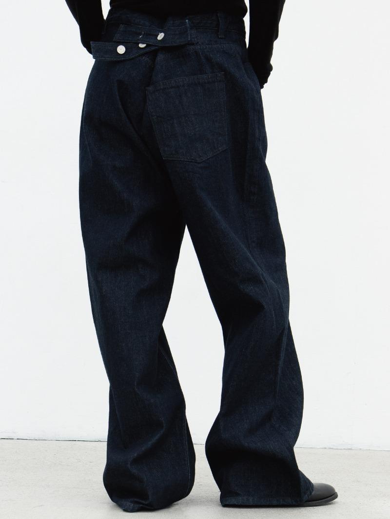 Back-buckle wide denim pants (deep blue)