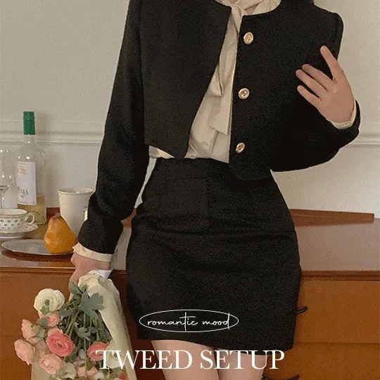 [가을위크🍁] 바흐 크롭 트위드 금장 버튼 노카라 자켓 + 포켓 트위드 A라인 미니 스커트 투피스 세트