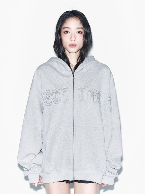 STUDDED ZIP-UP HOODIE OVERSIZED GREY
