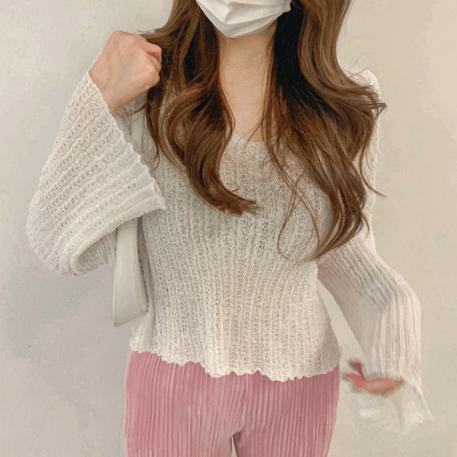 [심쿵핏/부들촉감] 부클 브이넥 시스루 크롭 니트 그물 루즈핏 레이어드 비스코스 니트티 핑크 그린 화이트