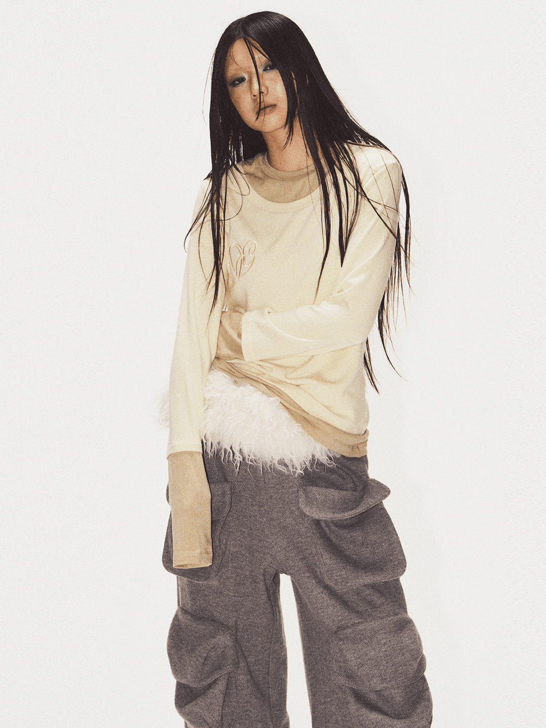 Crewneck fake two-piece top_Yellow