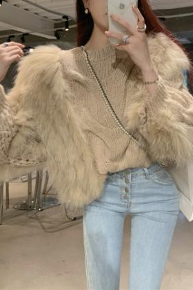 무료배송♥니트 퍼 오버핏 긴팔 골지 베이지 탑