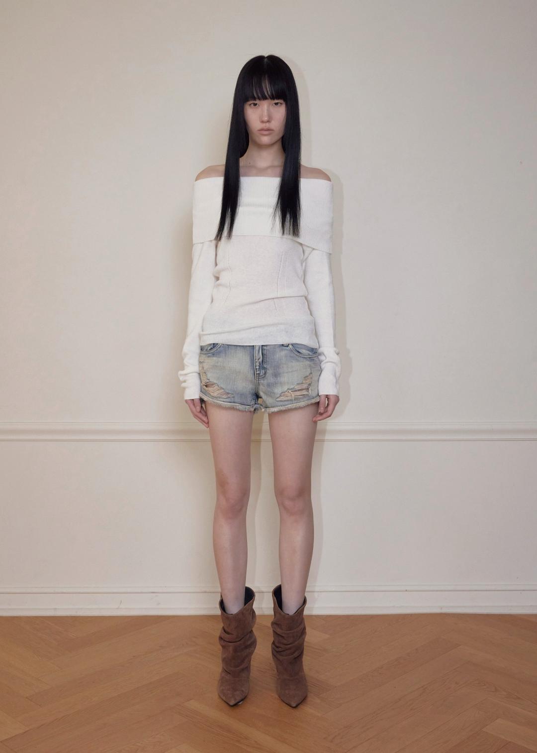 SILHOUETTE OPEN-SHOULDER KNIT, IVORY