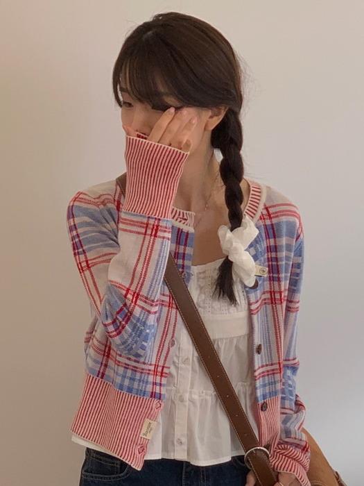A MIXED COLOR CHECK CARDIGAN_RED