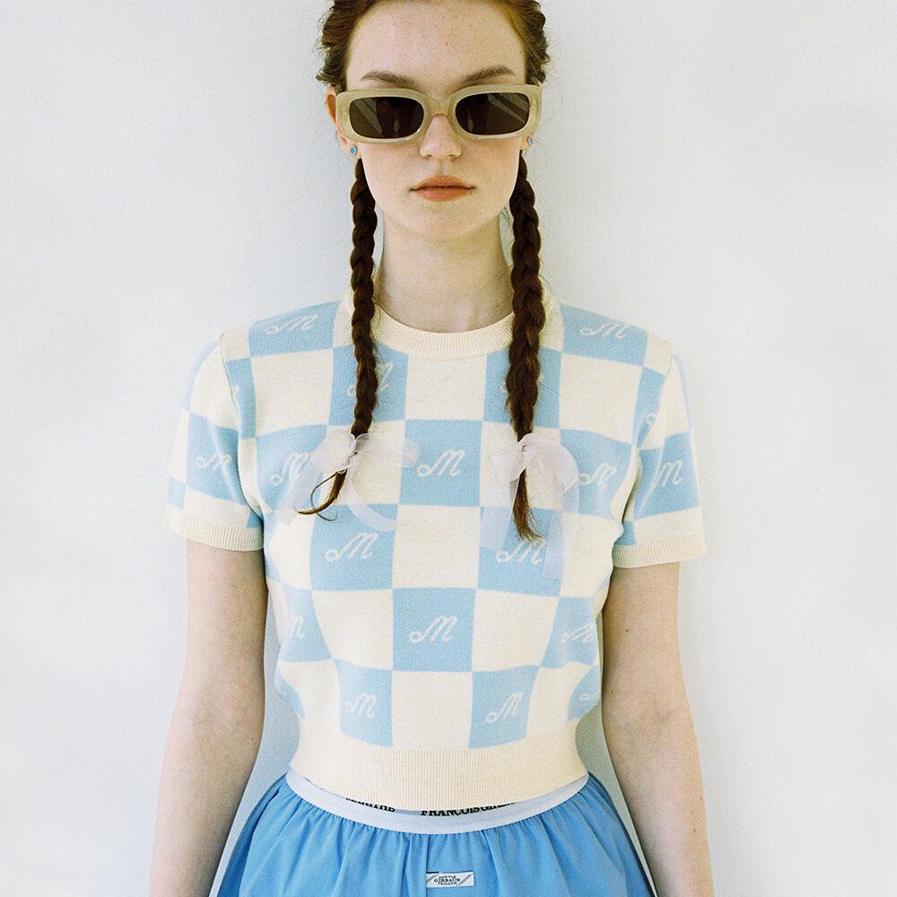 W PATTERN HALF SLEEVE CROP KNIT light yellow