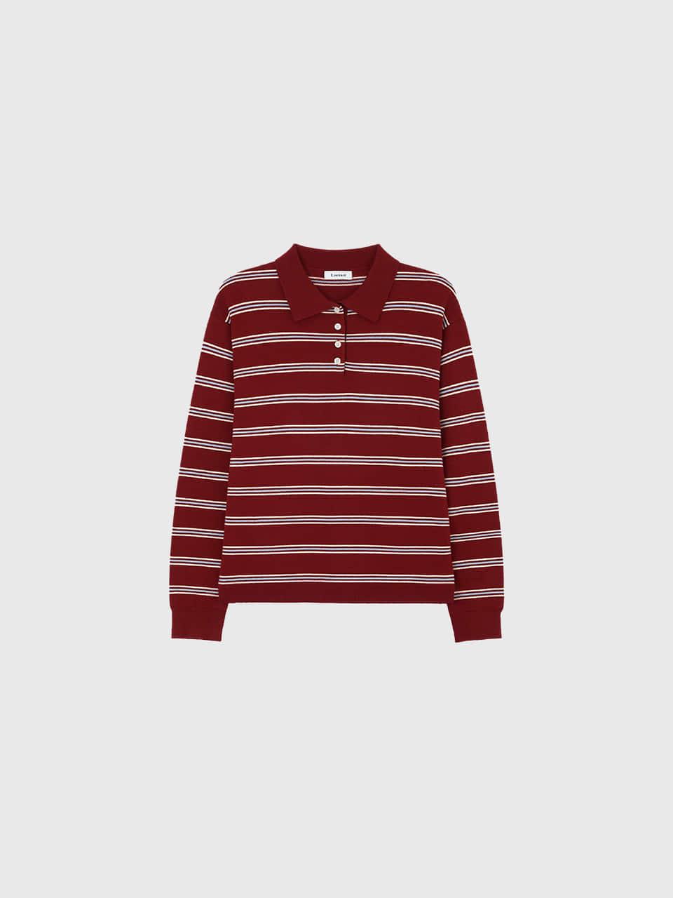 라일라 스트라이프 카라 니트_딥 레드