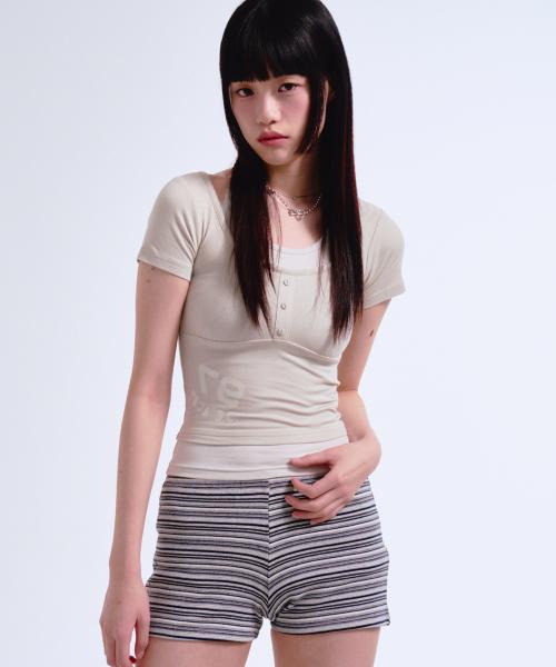 SHIRRING HALTERNECK LAYERED TEE PALE BEIGE