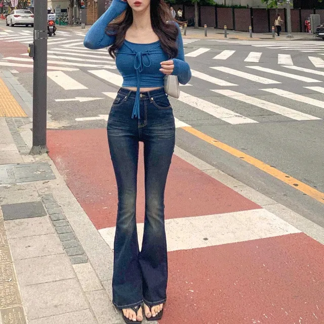 [진짜강추ㅠ💖단독] y2k 빈티지무드 사계절 딥페이딩 하이웨스트 워싱 포켓 청바지 데님 일자핏 롱 세미 와이드 부츠컷 팬츠 진청 S M L