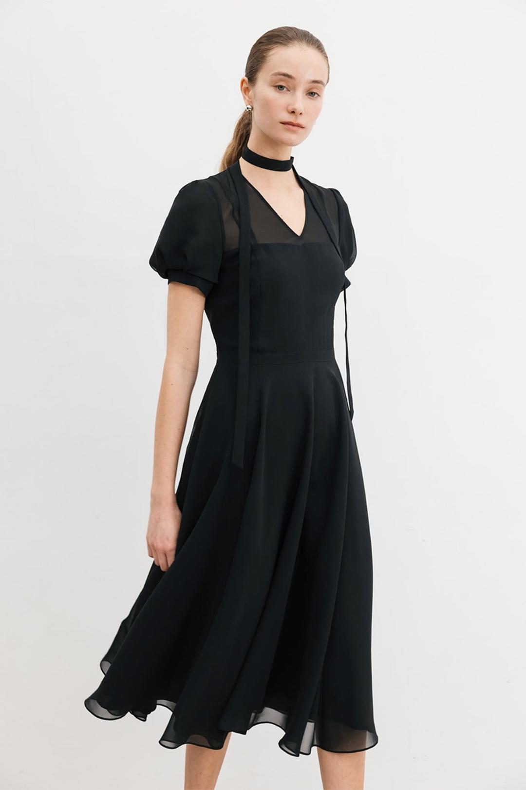 MICHAEL See-through V-neck ribbon tie chiffon long dress (Black)