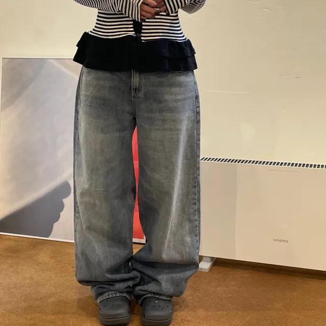 [기본/핏보장⭐]워싱 로우 와이드 데님 팬츠