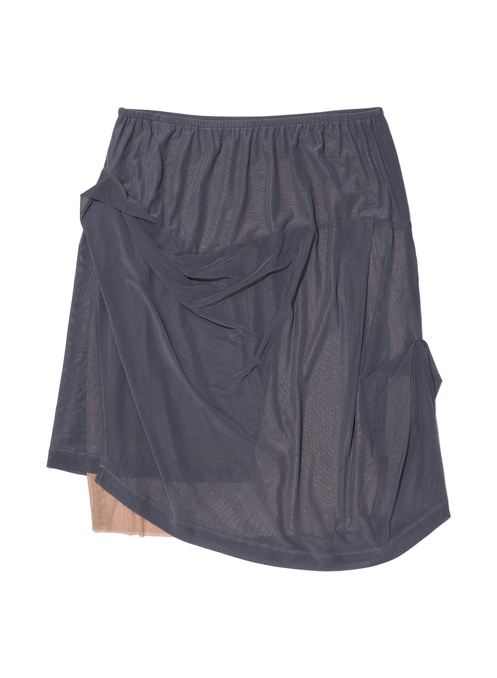 [WOMEN] MESH COMBI DRAPE MIDI SKIRT_CHARCOAL