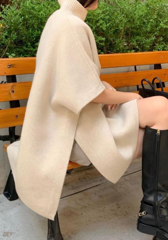 엘콤마 캐시 울 터틀넥 판초 니트 케이프 망토