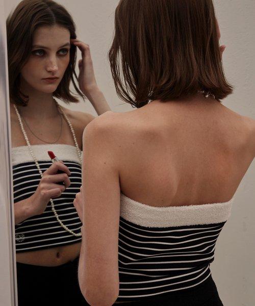 테리 스트라이프 튜브 탑_네이비