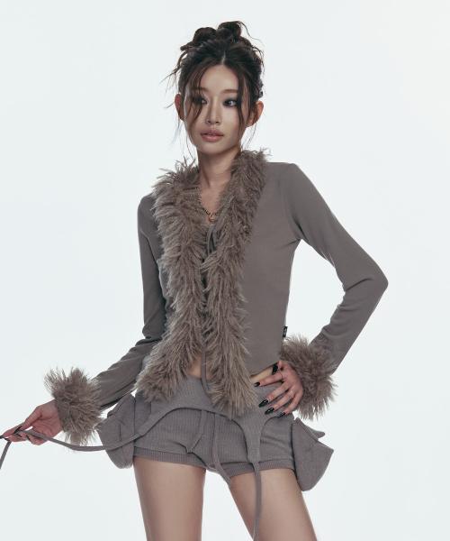 FUR TRIMMING CARDIGAN_BEIGE