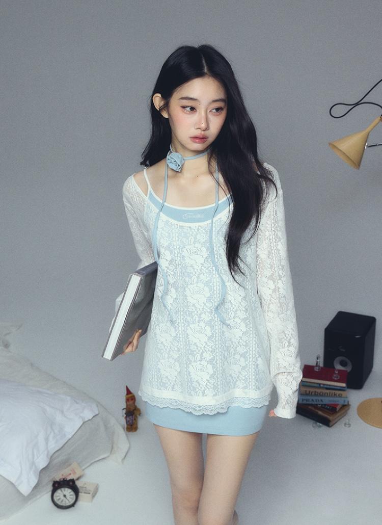 TRENDKILL Rose Jacquard Texture Lace Blouse & Logo Slim Suspender Dress