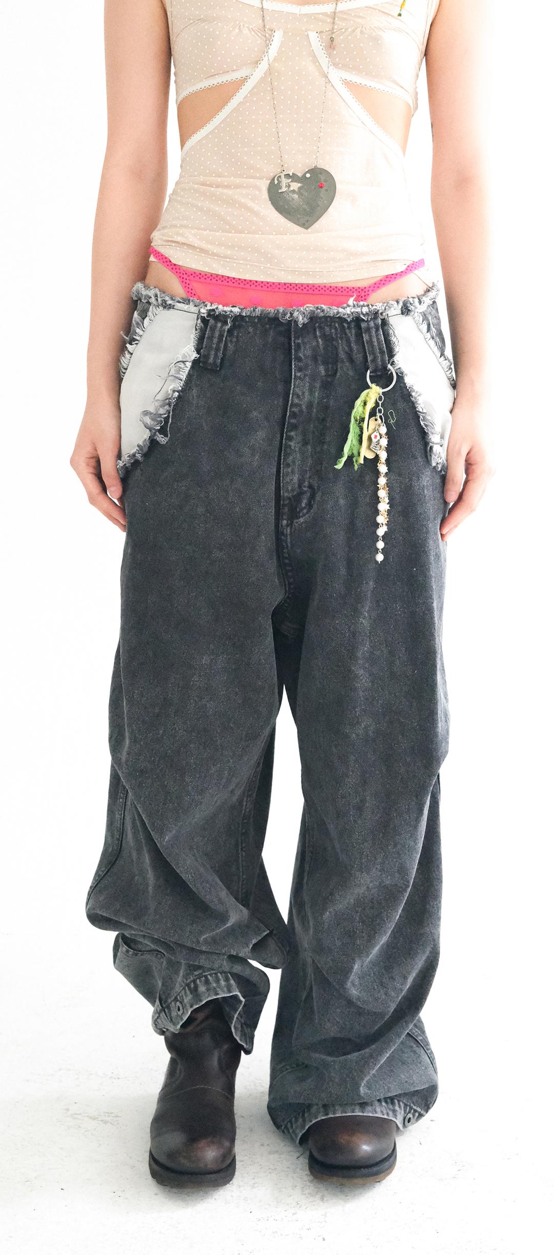2차★[fa.er.ie] cut-off denim maxi pants (black)