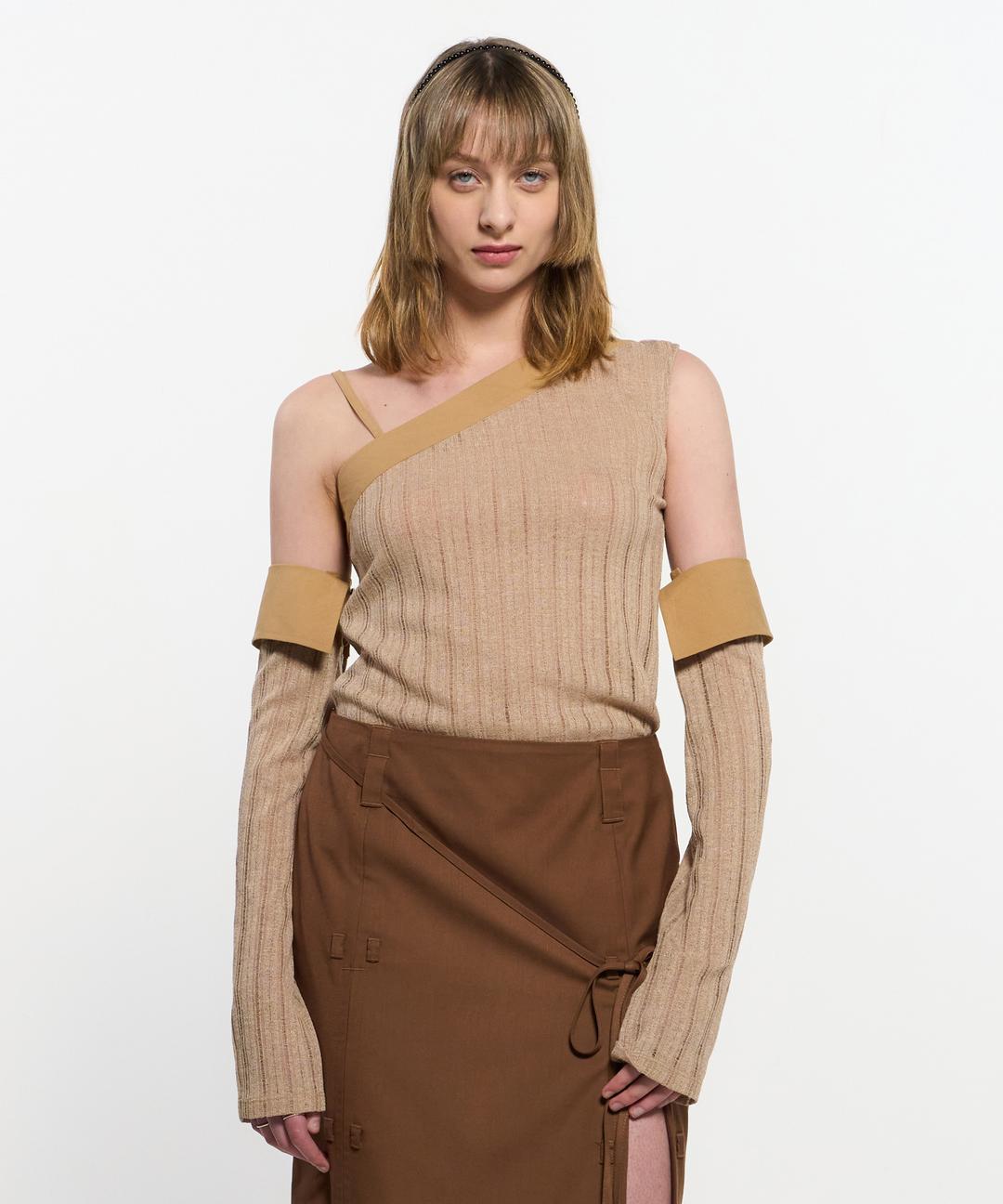 Detachable Sleeve One Shoulder Top _ BEIGE