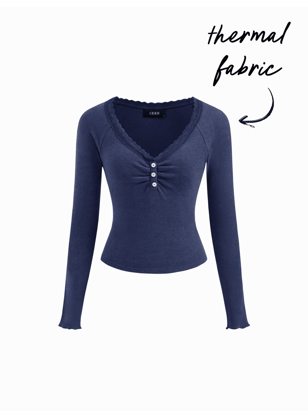 Thermal Cotton-blend V-neck Long Sleeve Lace Trim Ruched Tee