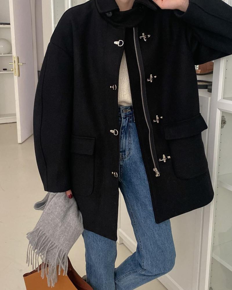 오버핏 버클 울 반코트 - 블랙