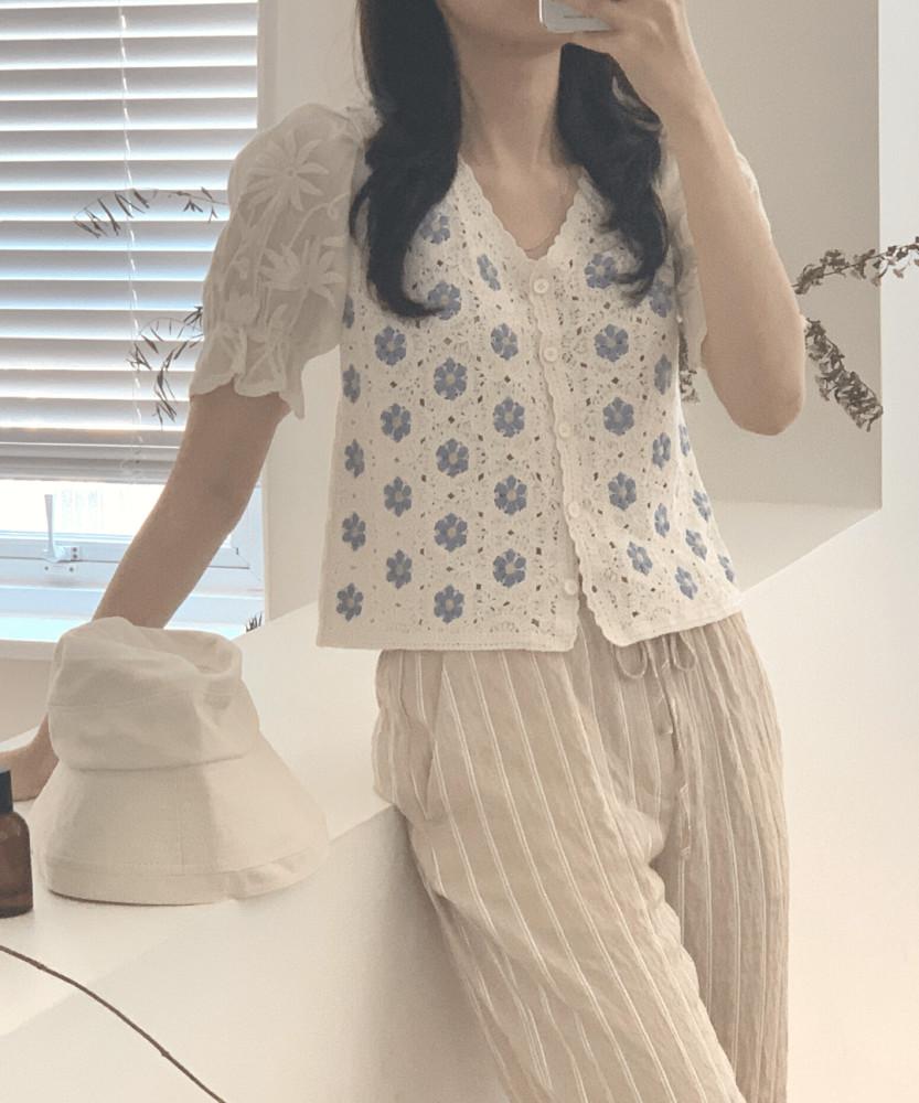 하와이안 플라워 여름 가디건 니트
