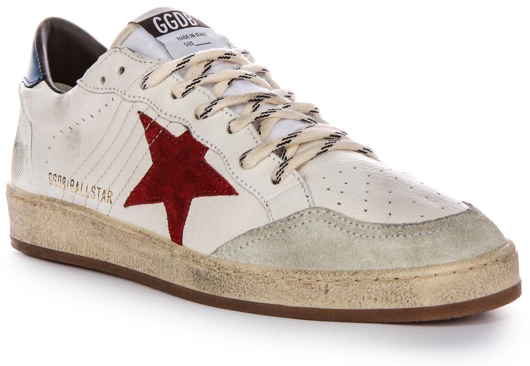 Golden Goose Ball Star Low Top Distressed Details Lgo Herren Ledersneaker in Weiß Blau Rot