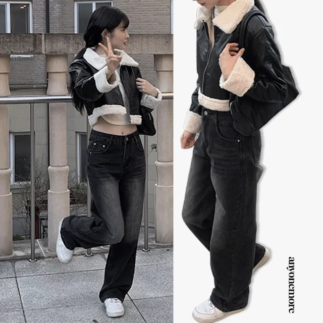캐츠 블랙 워싱 와이드 데님 팬츠
