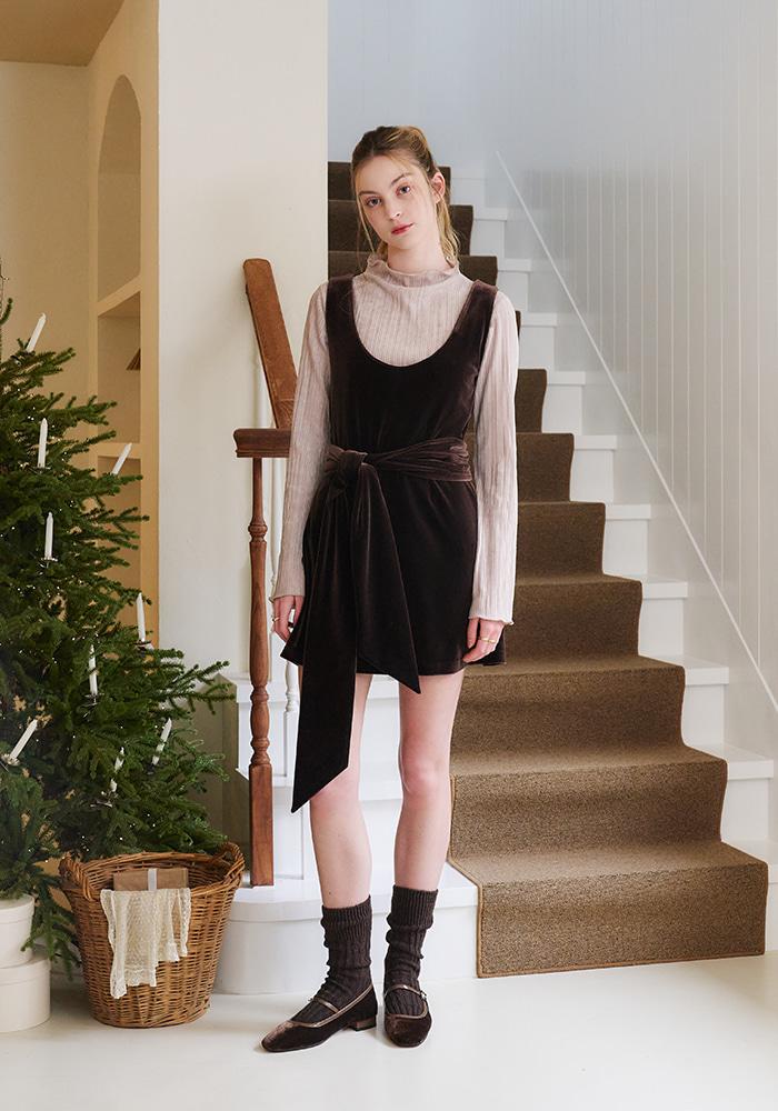 VELVET MINI DRESS-BROWN