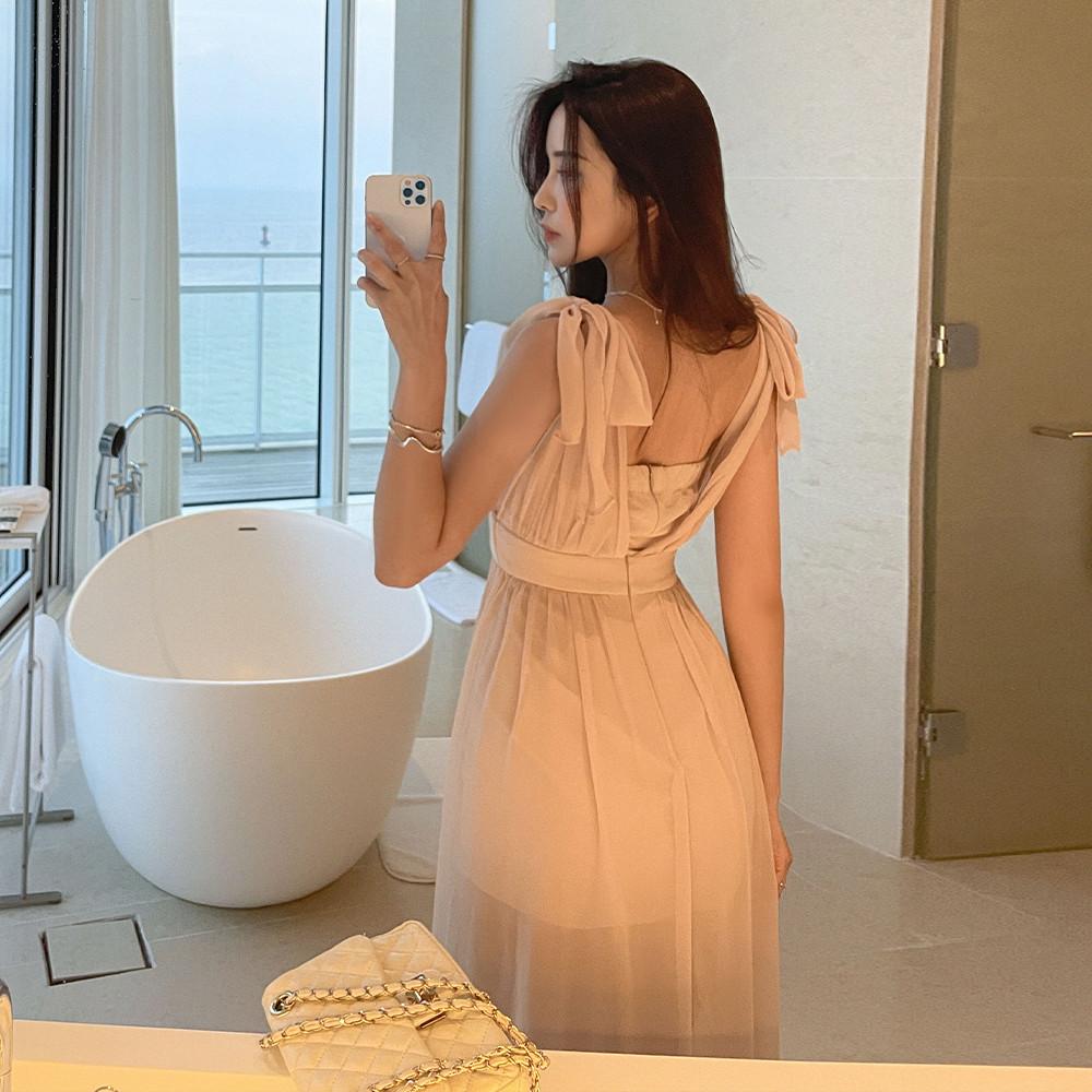 로맨틱 쉬폰 시스루 뷔스티에 롱 원피스