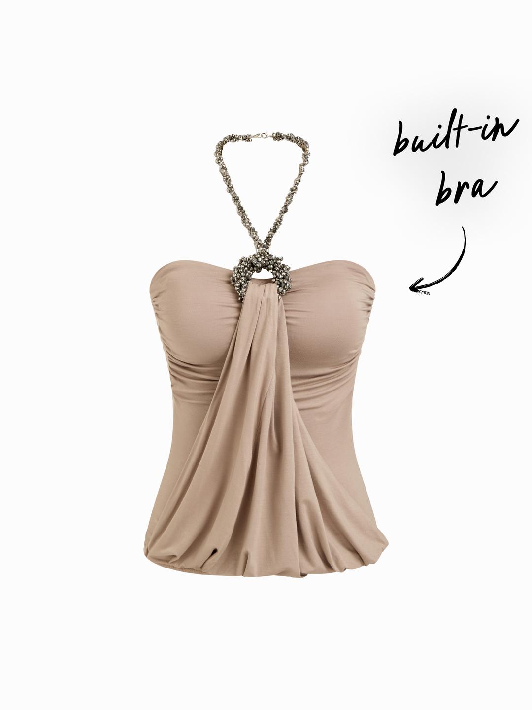 Halter Neckline Rhinestone O-Ring Ruched Bandeau Top