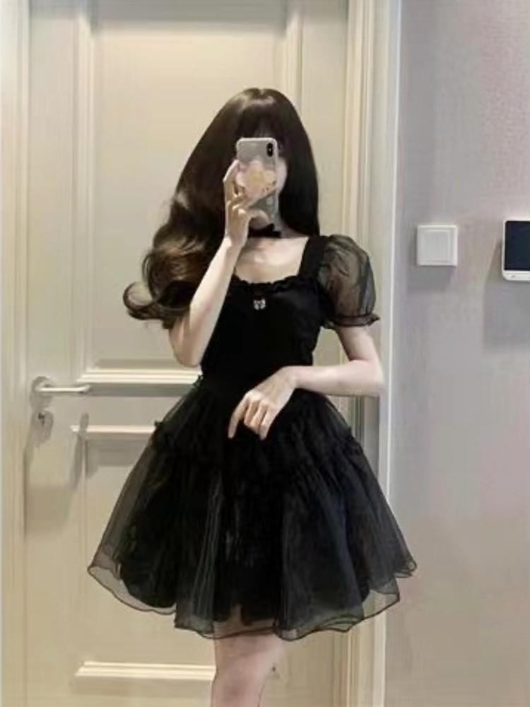 키작녀 공주풍 고스로리 시스루 블랙 미니 원피스