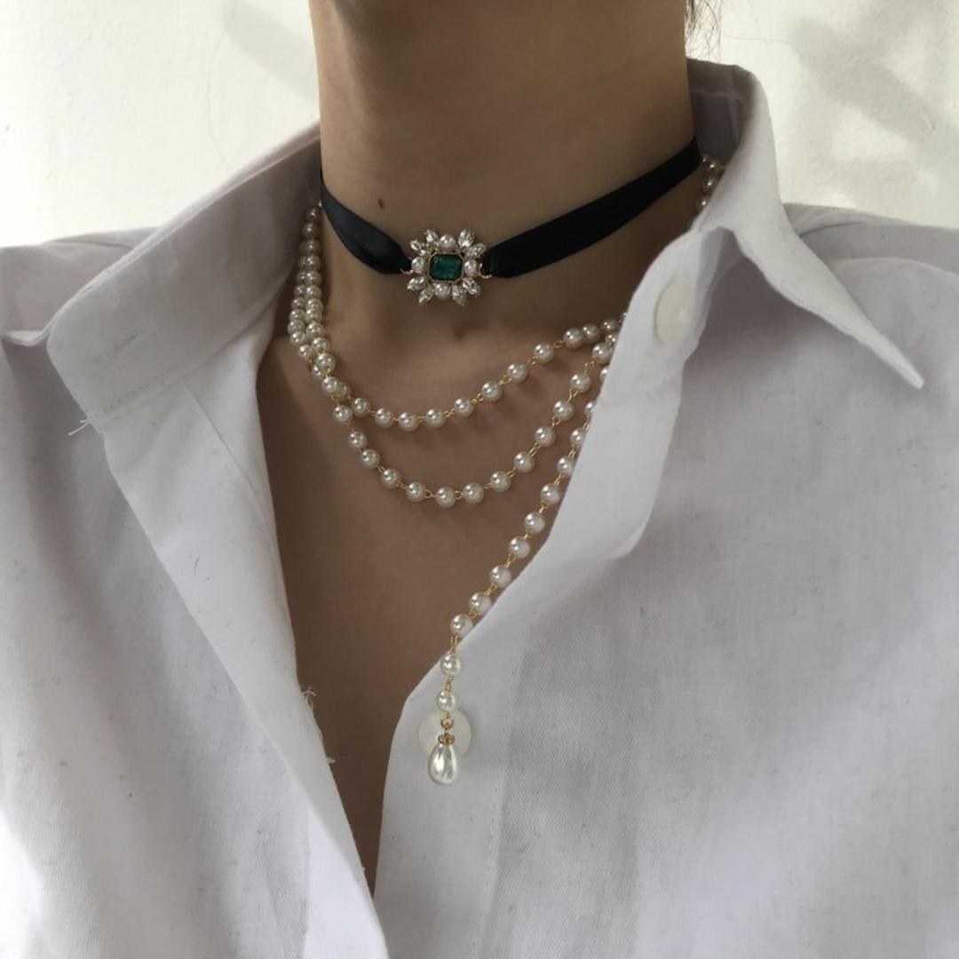 Acer Rojo Goddess Emerald Choker Pearl Necklace Set - Choker Necklace Choker Long Necklace