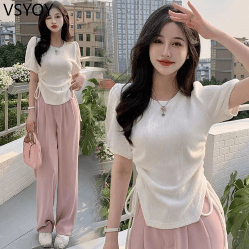 vsyoy 반팔 티셔츠 여성용 높은 허리 바지 넓은 다리 바지 투피스 정장 여름 - 원피스/세트류 | 쿠팡