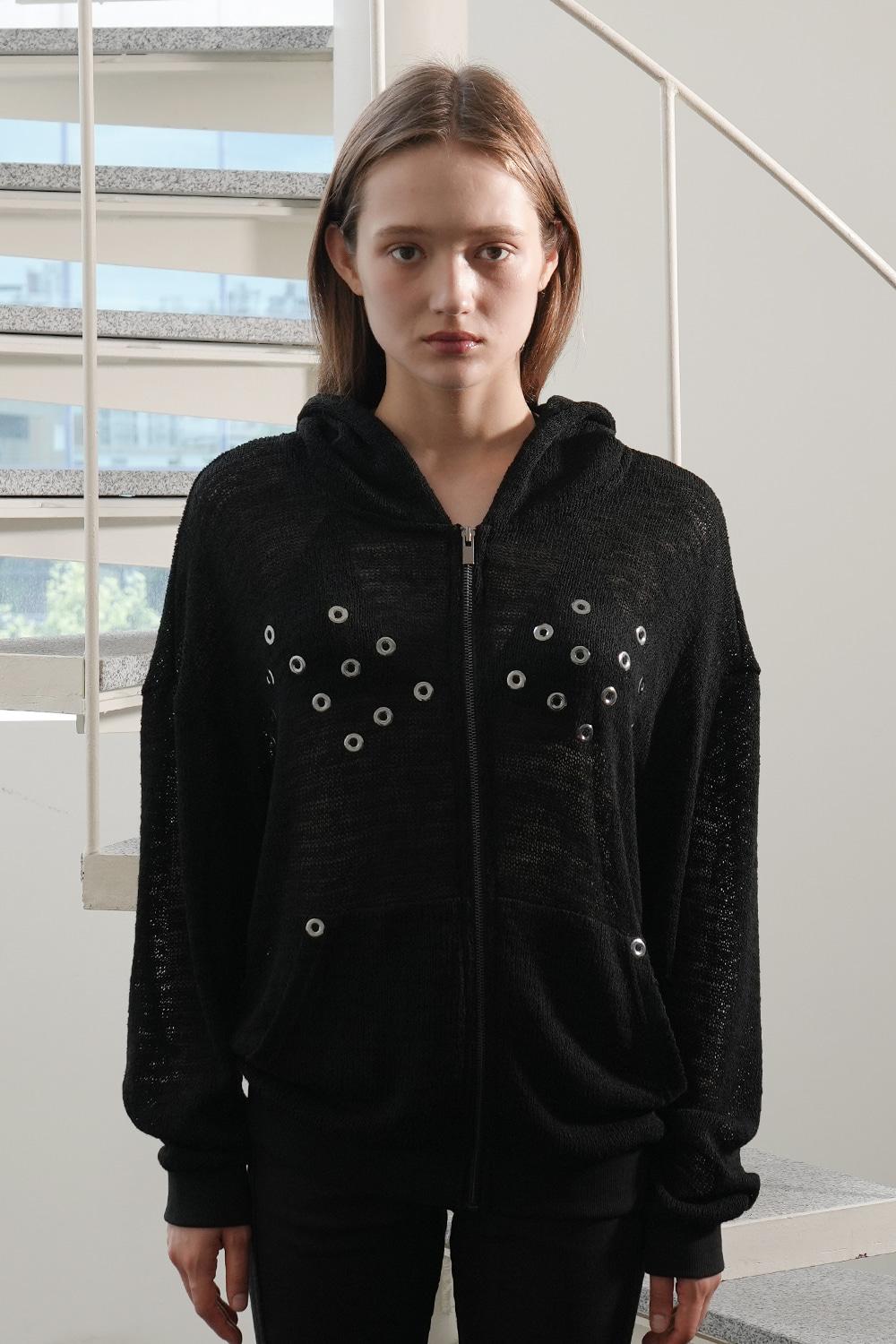 Over-fit Stud Net Hoddie-Black