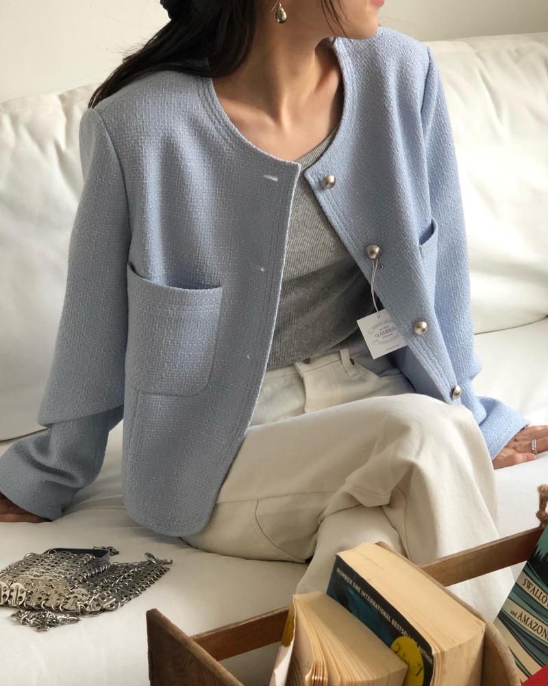 디엠버 뮤엘 트위드 자켓 긴팔 노카라 라운드 싱글 jk (3color)