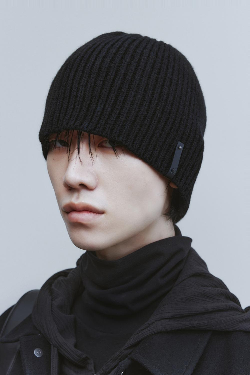 Leather Trim Knit Beanie - Black