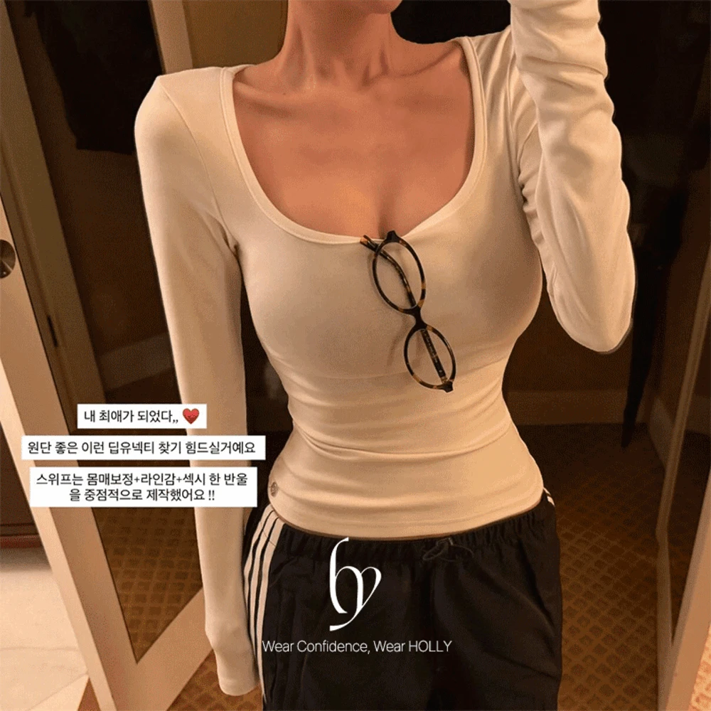 [흉곽+군살압축핏/H-CORE] 스위프 딥유넥 잘록 긴팔티 - 4color