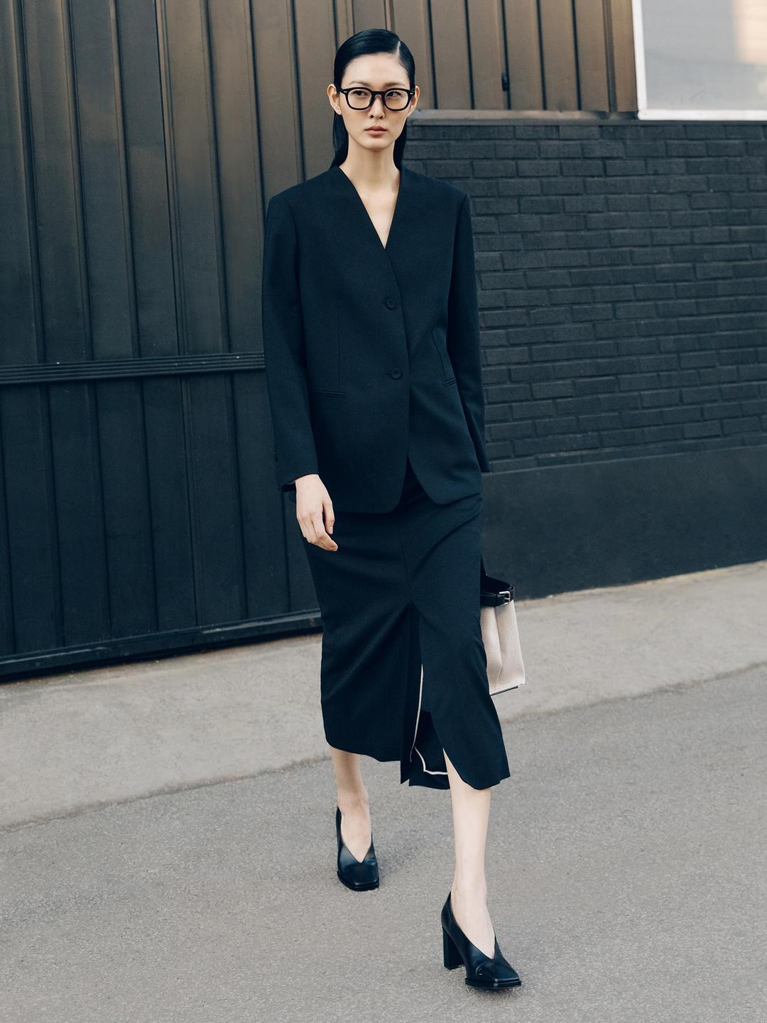 [Edit] Wool Blended H-Fit Slit Detail Skirt - Black