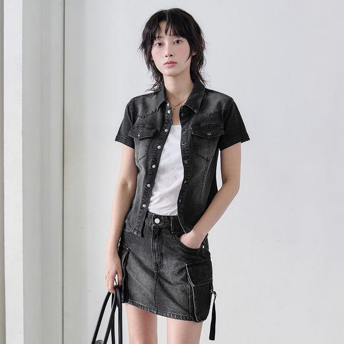 (W)Western Slim Denim Short Shirts DCWSH002BlackA