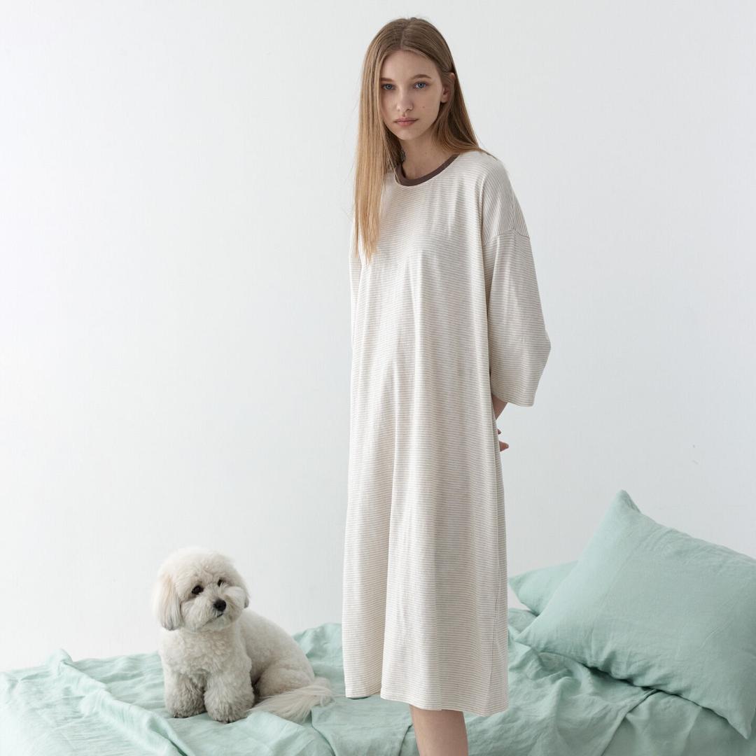 베베 순면 루즈핏 스트라이프 빅사이즈 여성 홈웨어 원피스 잠옷 파자마 그레이