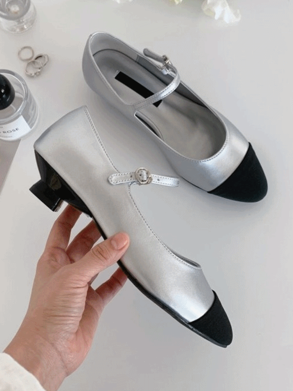 쩡이네 엘레나 배색 메리제인 더블 쿠션 논슬립 실버 3cm 펌프스 힐