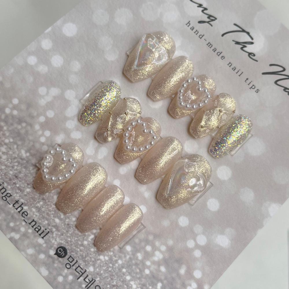 수제 네일팁 화이트골드 투명한 물광 글리터 붙이는 젤네일