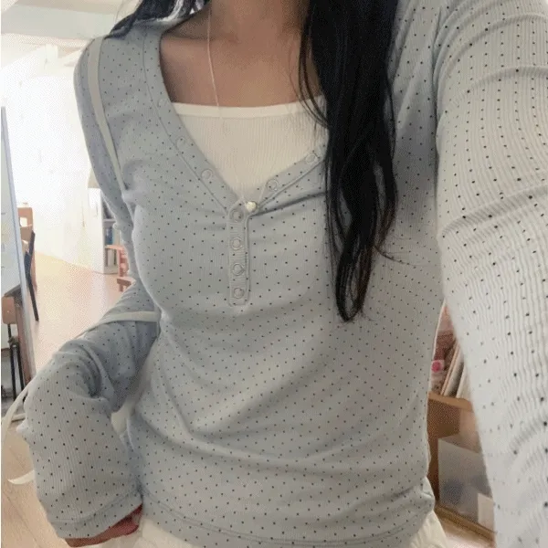 프레쉬 도트 버튼 골지 tee - 3color (땡땡이/긴팔티/레이어드/러블리/봄신상)