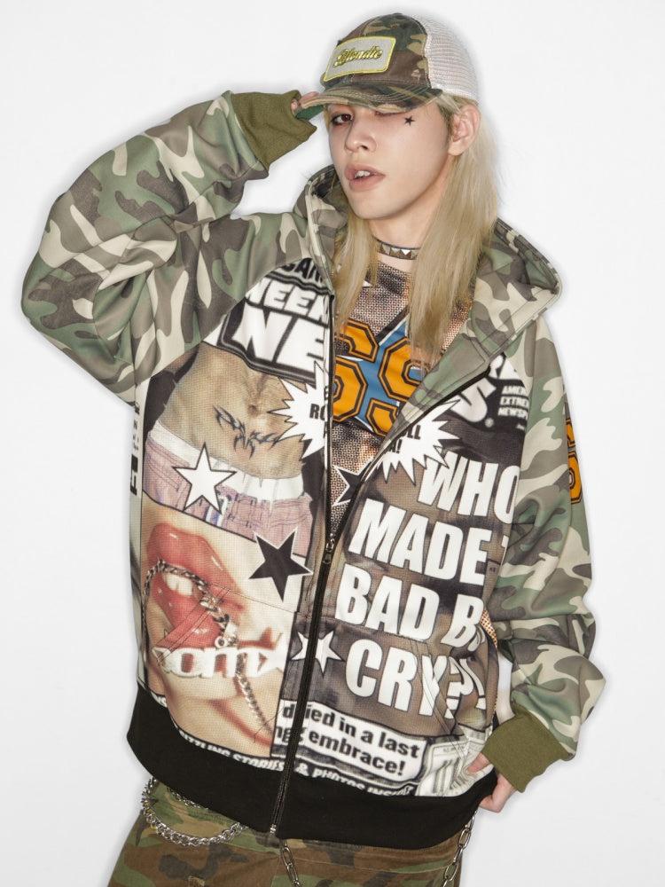 Camouflage Pattern Raglan Full Zip Oversized Hoodie Jacket 【s0000011776】