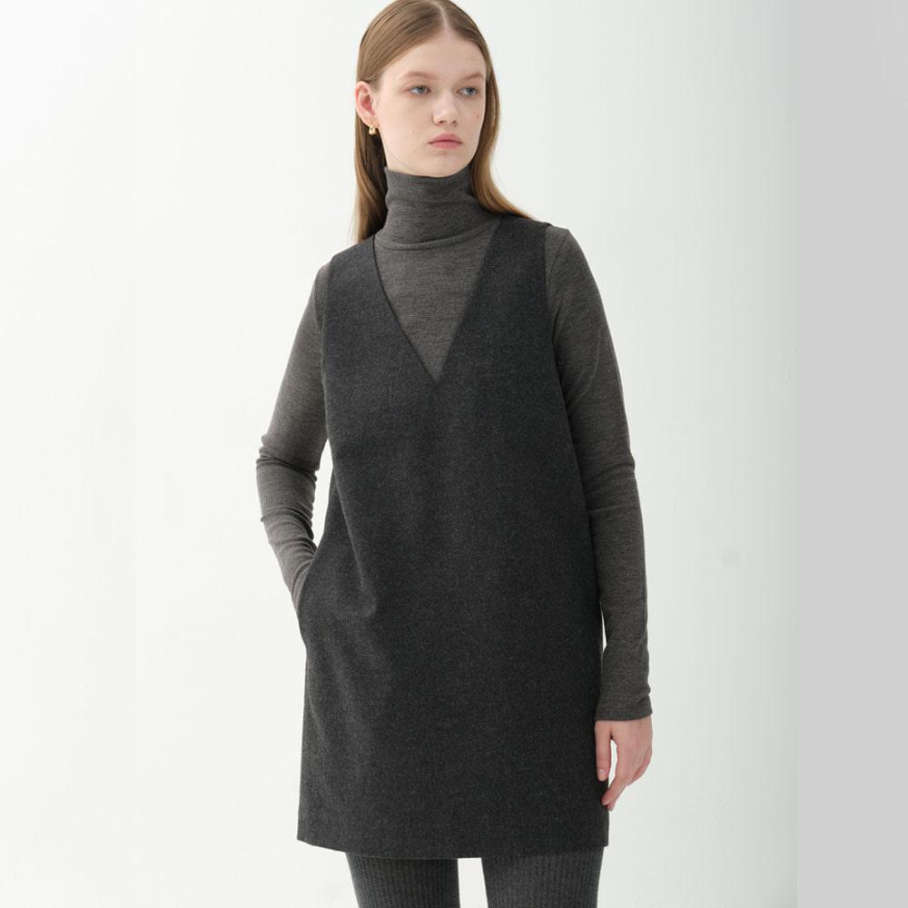 wool blend V-neck mini dress_dark gray