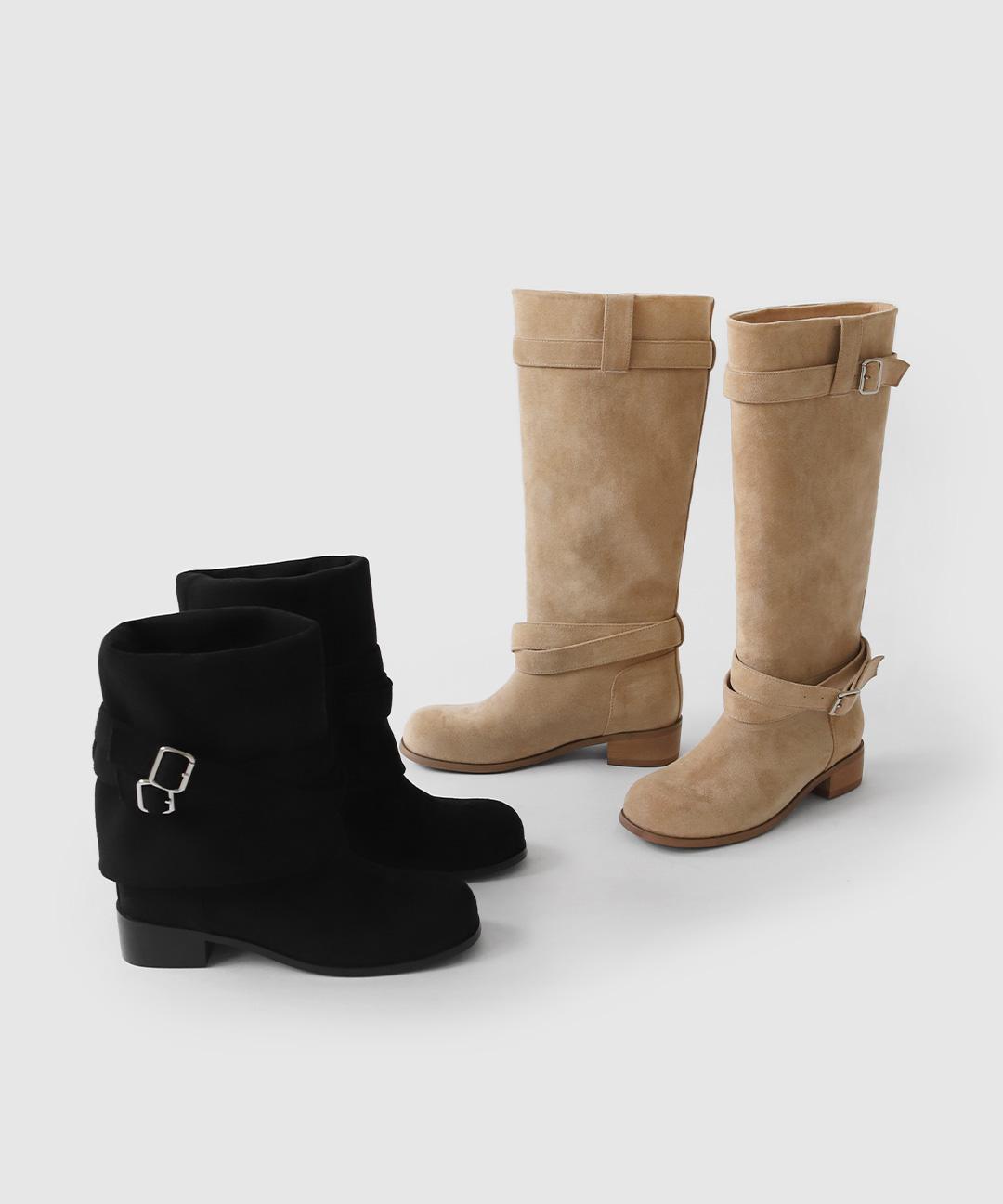 사뿐 [단독]르니엘 스웨이드 버클 스트랩 롱부츠 (3.5cm)